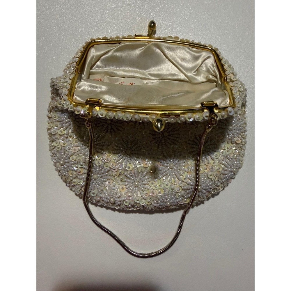 La Regale Vintage Beaded Sequin Evening Bag Ivory Floral Kiss Lock Clutch
